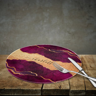 Burgundy purple gold agate marble rose gold name cutting board
