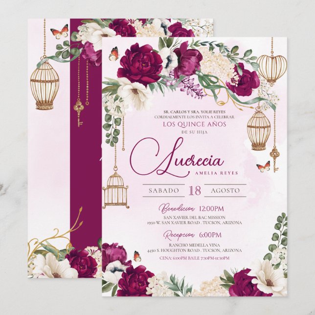 Burgundy Purple gold Butterfly Elegant Quinceañera Invitation (Front/Back)