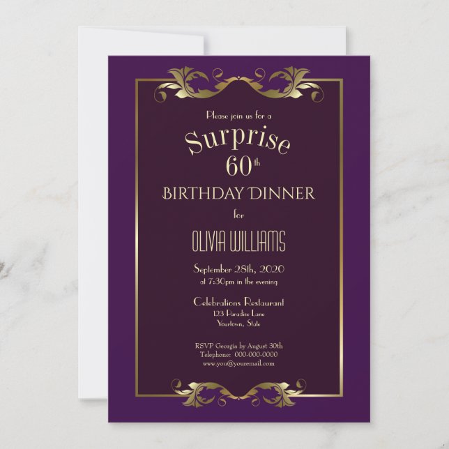 Burgundy Purple Gold Surprise 60th Birthday Dinner Invitation (Front)