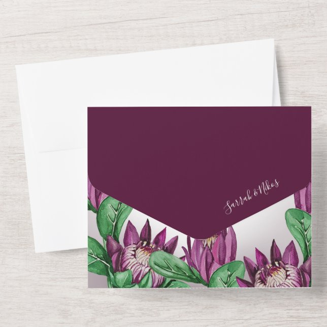 Burgundy Purple King Protea Watercolor All In One Invitation (Back)