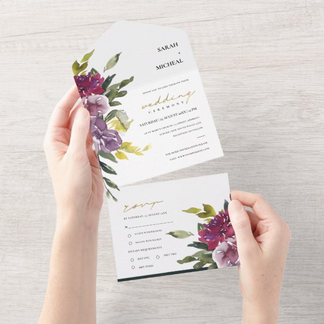 BURGUNDY PURPLE PINK LIME GREEN FLORAL WEDDING ALL ALL IN ONE INVITATION (Tearaway)