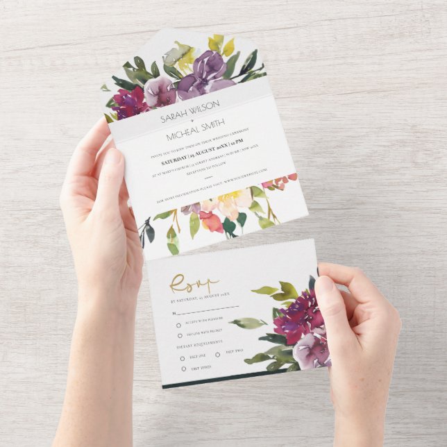 BURGUNDY PURPLE PINK LIME GREEN FLORAL WEDDING ALL IN ONE INVITATION (Tearaway)