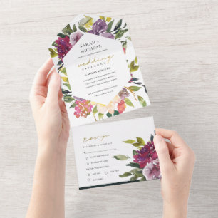 BURGUNDY PURPLE PINK LIME GREEN FLORAL WEDDING ALL IN ONE INVITATION