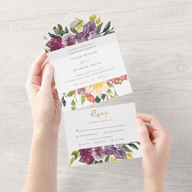 BURGUNDY PURPLE PINK LIME GREEN FLORAL WEDDING ALL IN ONE INVITATION (Tearaway)