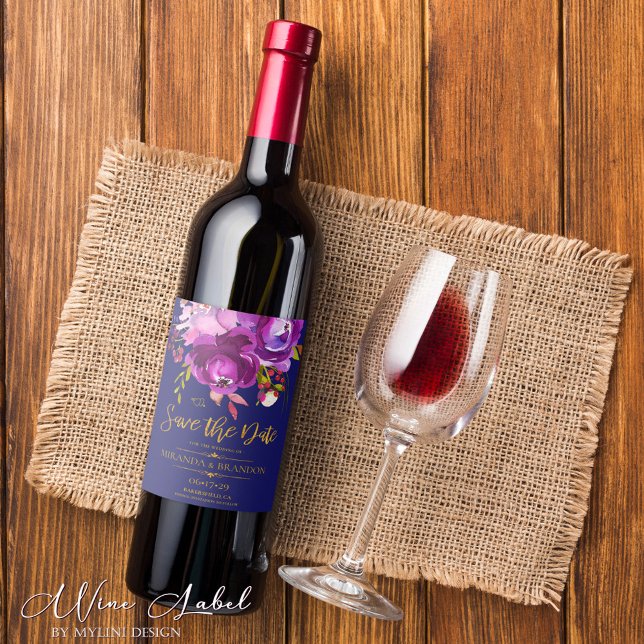 Burgundy Purple Red Gold Floral Save the Date Wine Label (Creator Uploaded)