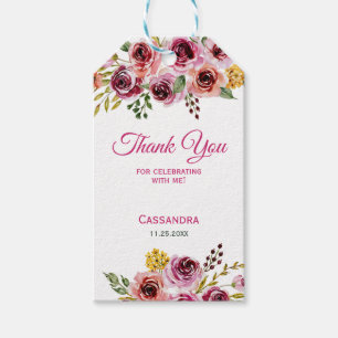 Burgundy Purple Rose Floral Birthday Thank You Gift Tags