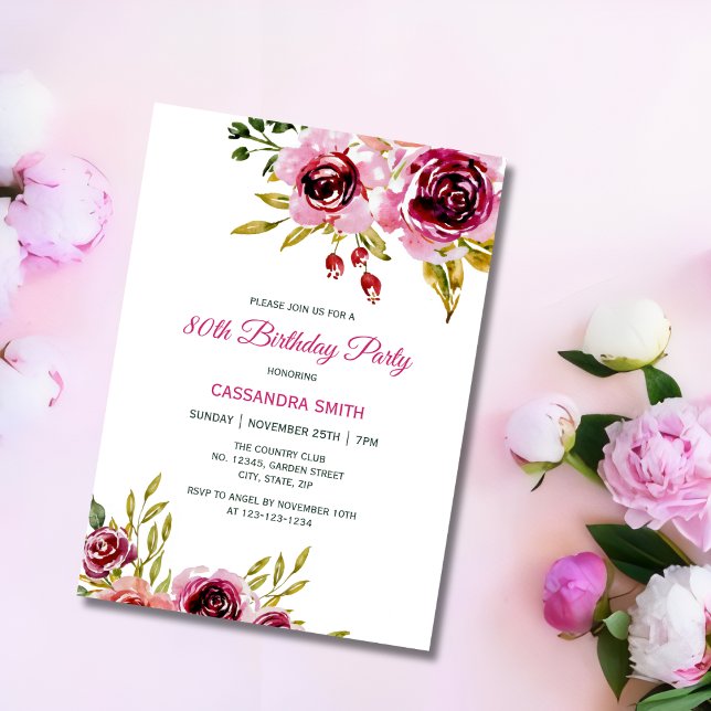 Burgundy Purple Rose Rustic Floral Birthday  Invitation (Creator Uploaded)