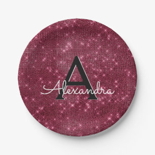 Burgundy Purple Sparkle Monogram Birthday Paper Plate