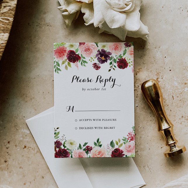 Burgundy Purple Spring Floral Calligraphy RSVP (Creator Uploaded)