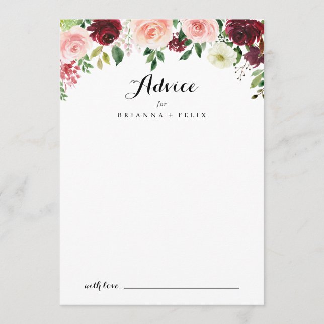 Burgundy Purple Spring Floral Calligraphy Wedding Advice Card (Front)