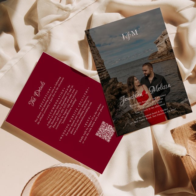 Burgundy QR Code Budget Monogram Overlay Wedding Invitation (Creator Uploaded)