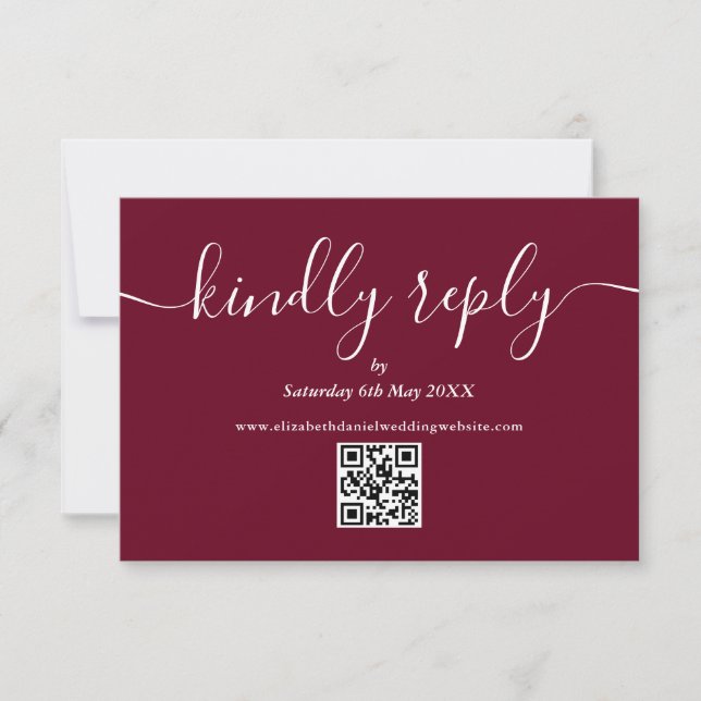 Burgundy QR Code Elegant Script Kindly Reply RSVP Card (Front)