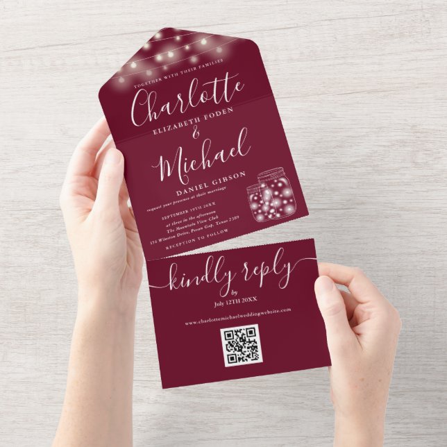 Burgundy QR Code Mason Jars String Lights Wedding All In One Invitation (Tearaway)