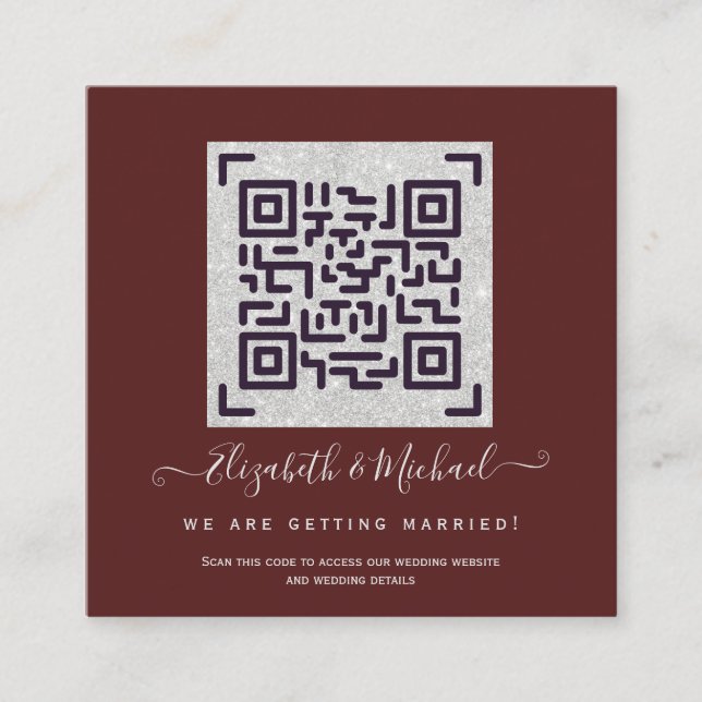 Burgundy QR SCANNING CODE Wedding Website PHOTO No Square Business Card (Front)