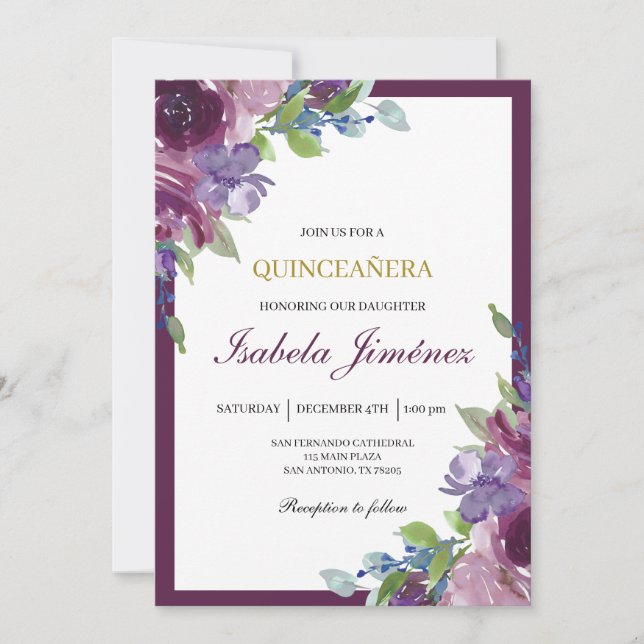 Burgundy quinceañera  invitation (Devant)