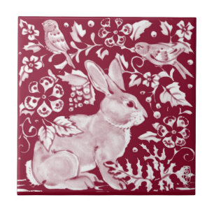 Burgundy Rabbit Bunny Birds Floral Dedham Delft Tile