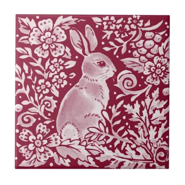Burgundy Rabbit Bunny Woodland Floral Art Tile (Front)