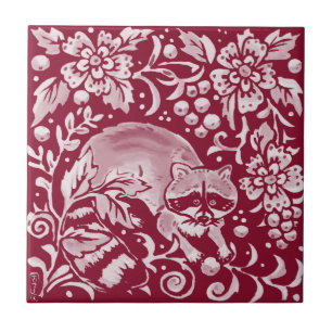 Burgundy Raccoon Woodland Forest Animal Floral Tile