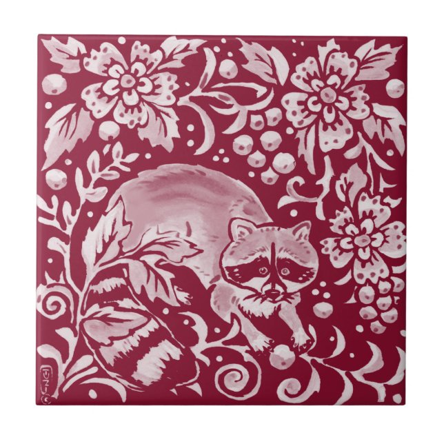 Burgundy Raccoon Woodland Forest Animal Floral Tile (Front)