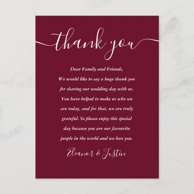 Burgundy Reception Script Thank You Place Card (Front)