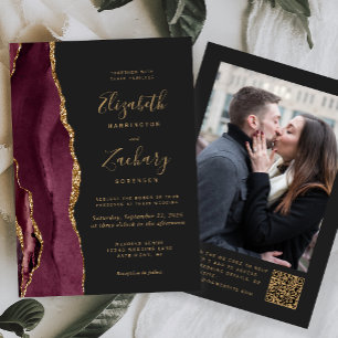 Burgundy Red Agate Dark Photo QR Code Wedding Invitation