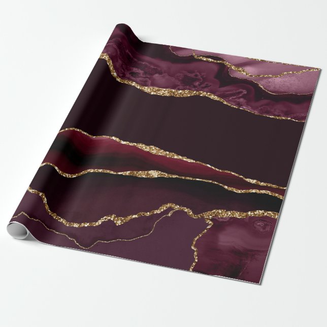 Burgundy Red Agate Faux Gold Glitter Wrapping Paper (Unrolled)