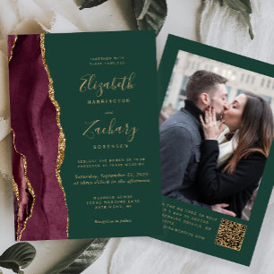 Burgundy Red Agate Green Photo QR Code Wedding Invitation