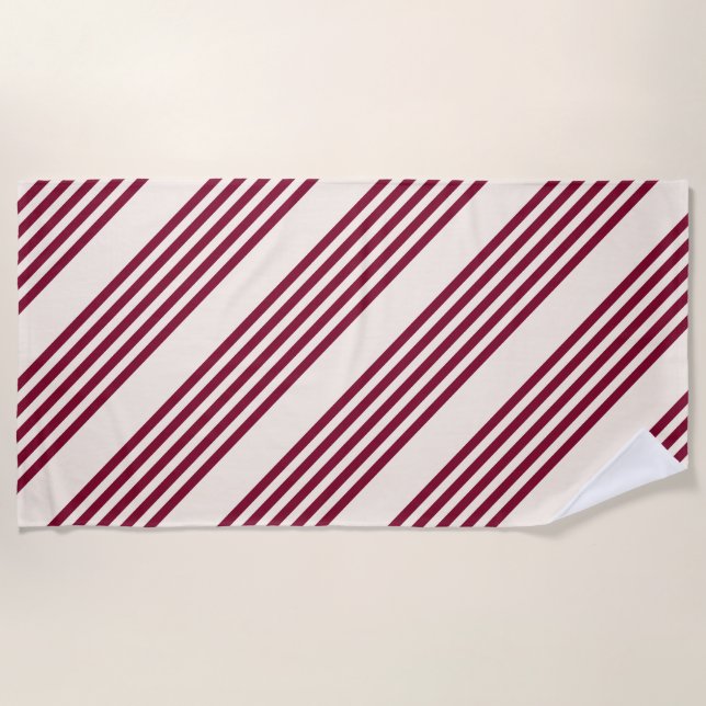 Burgundy red and beige five stripe pattern beach towel (Front)