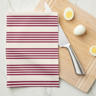 Burgundy red and beige five stripe pattern kitchen towel