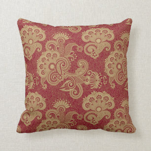 Burgundy Red And Beige Floral Swirls Design Throw Pillow