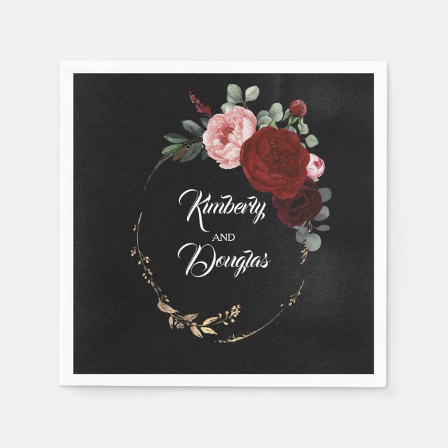 Burgundy Red and Black Floral Wedding Napkin (Front)