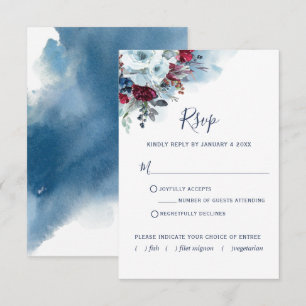 Burgundy Red and Blue Floral and Watercolor  RSVP Card