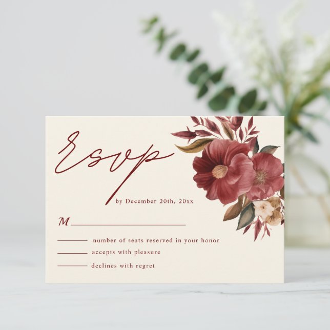 Burgundy red and blush pink Fall Wedding RSVP Card (Standing Front)