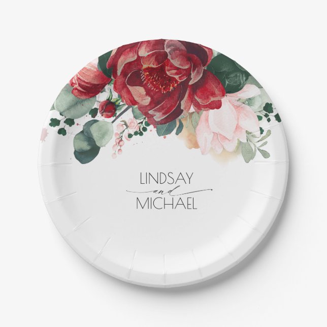 Burgundy Red and Blush Pink Floral Elegant Wedding Paper Plate (Front)
