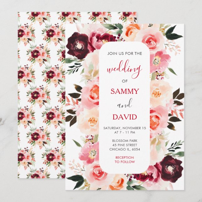 Burgundy Red and Blush Pink Floral Wedding Invitation (Front/Back)
