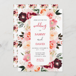 Burgundy Red and Blush Pink Floral Wedding Invitation