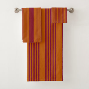 Burgundy red and burnt orange five stripe pattern. bath towel set