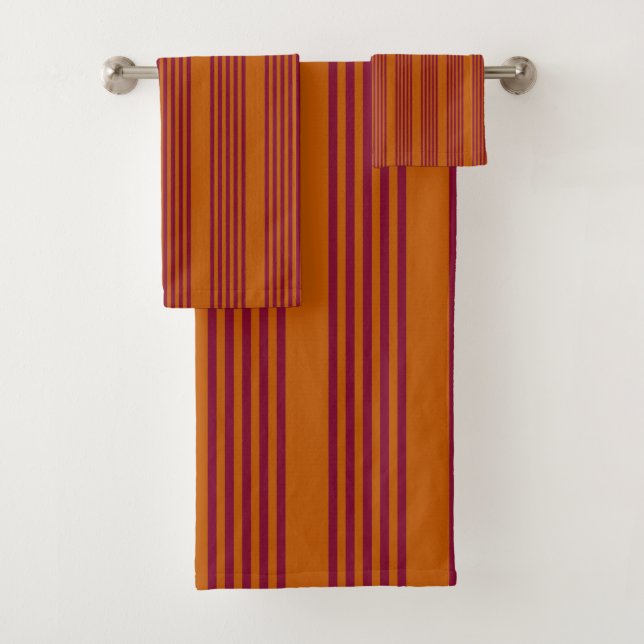 Burgundy red and burnt orange five stripe pattern. bath towel set (Insitu)