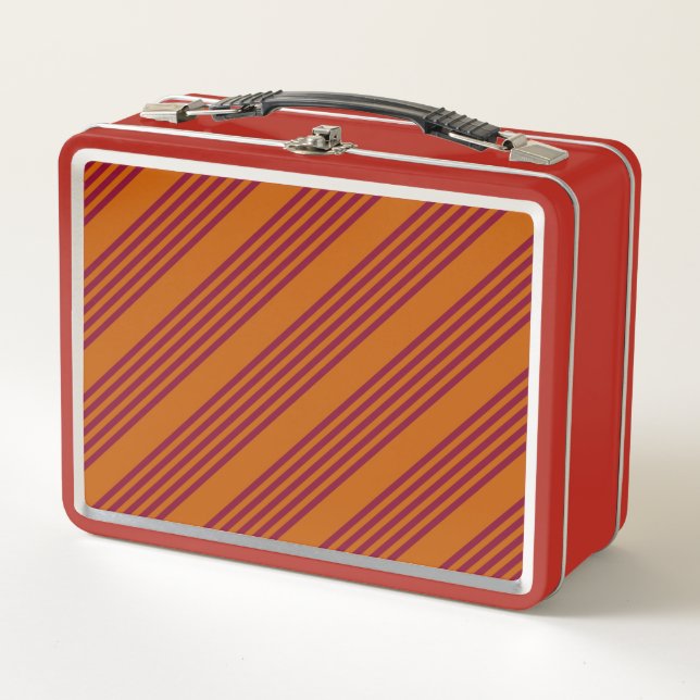 Burgundy red and burnt orange five stripe pattern. metal lunch box (Front)