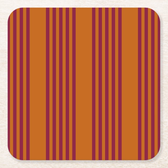 Burgundy red and burnt orange five stripe pattern. square paper coaster (Front)
