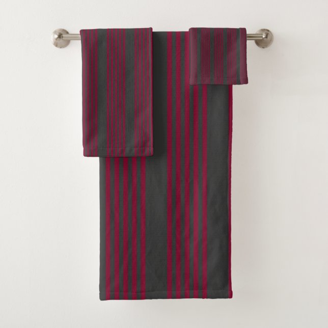 Burgundy red and charcoal five stripe pattern bath towel set (Insitu)