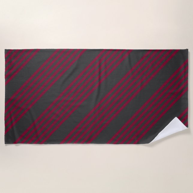 Burgundy red and charcoal five stripe pattern beach towel (Front)