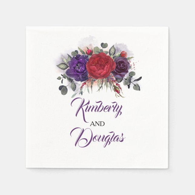 Burgundy Red and Eggplant Purple Floral Wedding Napkin (Front)