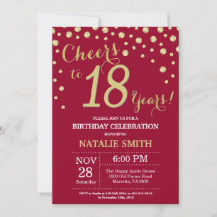 Burgundy Red and Gold 18th Birthday Diamond Invitation