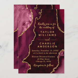 Burgundy Red and Gold Agate Marble Wedding Invitation