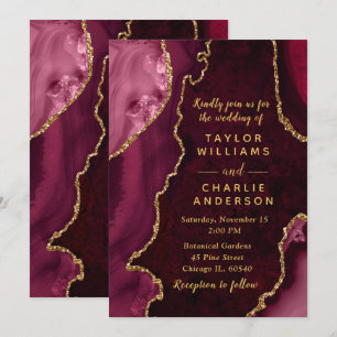 Burgundy Red and Gold Agate Marble Wedding Invitation
