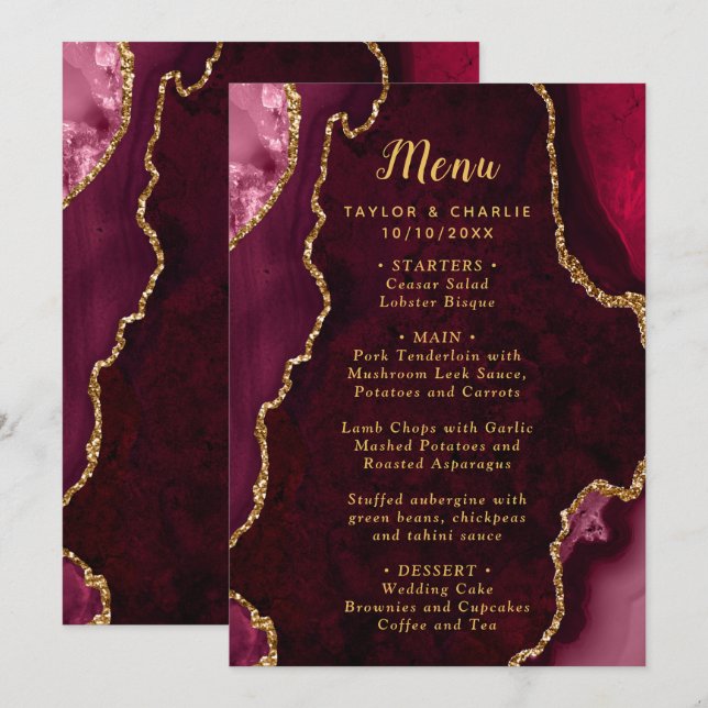 Burgundy Red and Gold Agate Wedding Menu (Front/Back)