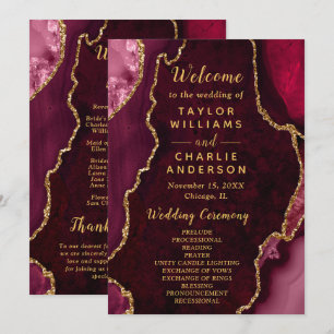 Burgundy Red and Gold Agate Wedding Program