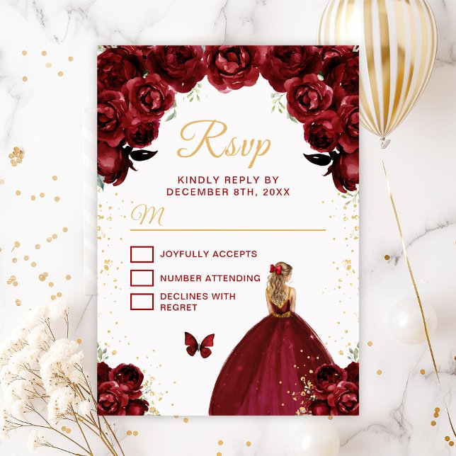 Burgundy Red and Gold Blonde Hair Princess RSVP Card (Creator Uploaded)