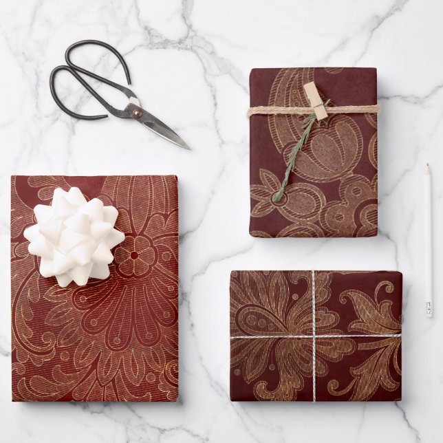 Burgundy Red and Gold Damask Wrapping Paper Sheet (Front)
